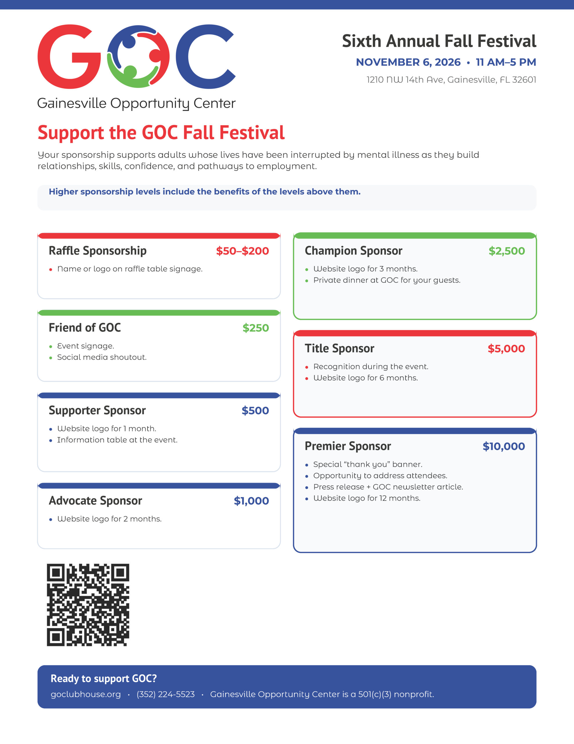 Gainesville Opportunity Center Fall Festival sponsorship opportunities, including ways to sponsor the event and support GOC.